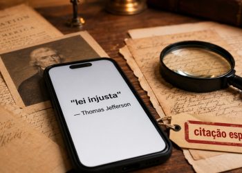 Celular mostra citação sobre lei injusta com aviso de citação espúria.