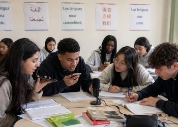 Jovens registram relatos em diferentes idiomas durante atividade escolar multilíngue.
