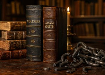 Livros antigos de Voltaire e Adam Smith aparecem ao lado de correntes quebradas.