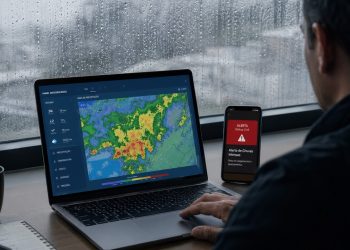 Pessoa consulta dados ambientais e alerta público durante chuva forte.