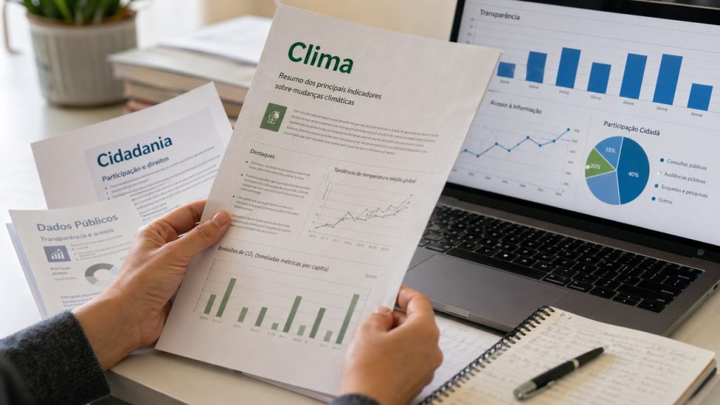 Mãos analisam documentos públicos sobre clima com gráficos de transparência no notebook.