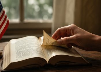 Mão folheia um livro histórico ao lado de uma bandeira dos EUA em clima de reflexão.