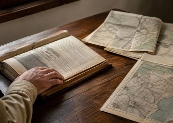 Mão abre um livro antigo ao lado de mapas dobrados em uma mesa de pesquisa.