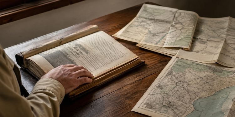 Mão abre um livro antigo ao lado de mapas dobrados em uma mesa de pesquisa.