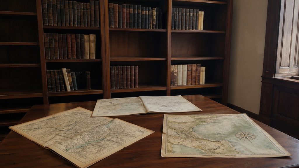 Poucos livros antigos e três mapas aparecem em uma mesa de arquivo histórico.