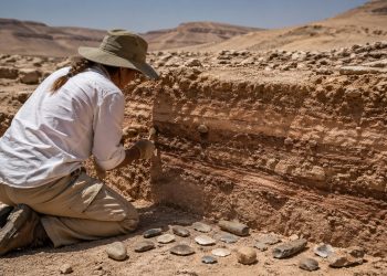 Arqueólogo examina camadas antigas e ferramentas de pedra em sítio que revela adaptação humana ao clima extremo.
