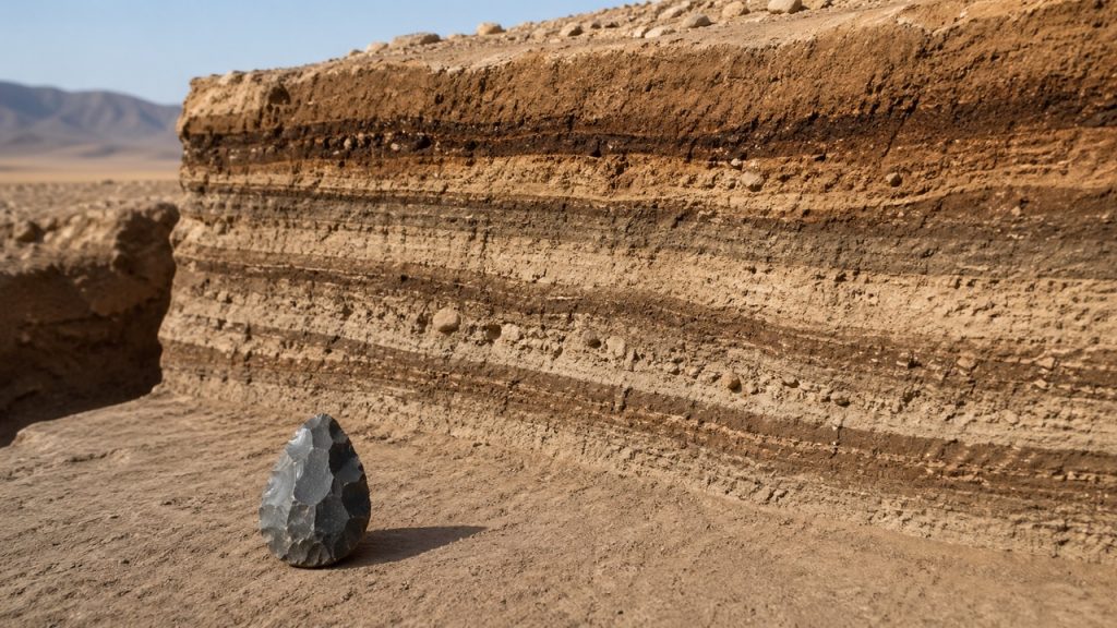 Camadas arqueológicas preservadas no deserto mostram vestígios de ocupações humanas antigas.