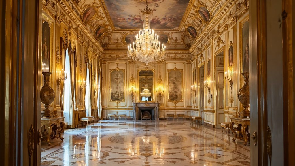 Salão palaciano preservado revela interiores ornamentados do século 19.