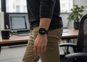 Relógio inteligente registra pausa ativa durante a rotina de trabalho sedentária.