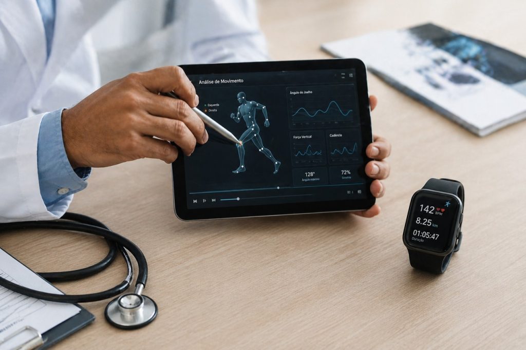 Médico analisa dados de movimento registrados por tecnologia vestível.