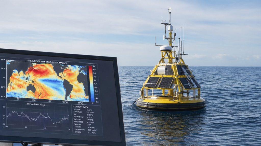 Boia científica mede temperatura da água para monitorar anomalias térmicas no oceano.