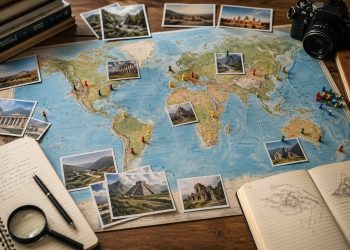 Mapa-múndi com registros de sítios históricos e naturais recém-reconhecidos como patrimônio.