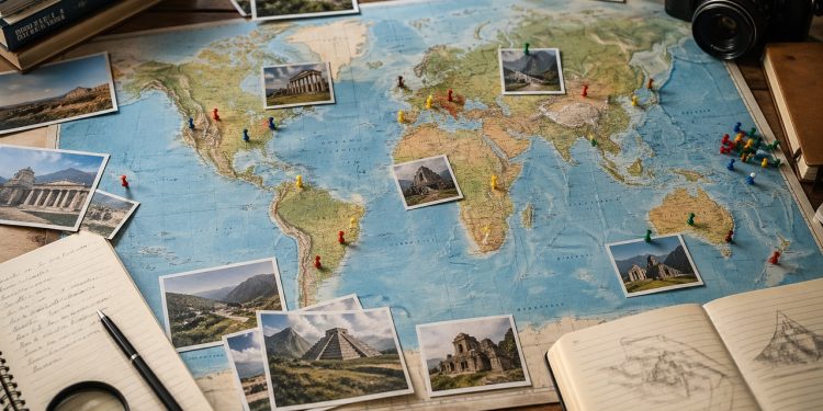 Mapa-múndi com registros de sítios históricos e naturais recém-reconhecidos como patrimônio.