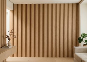 O uso de MDF cru em painel ripado garante personalização completa e visual profissional