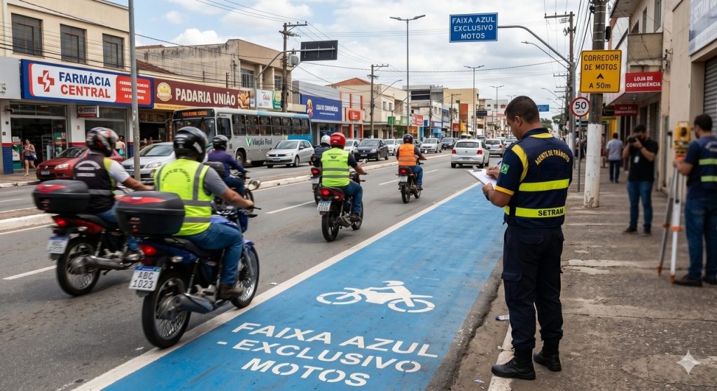Agente acompanha o funcionamento da Faixa Azul durante teste de circulação de motos.