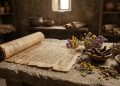 Um papiro histórico repleto de hieróglifos repousa sobre uma mesa de pedra, cercado por ervas e raízes medicinais em um ambiente de iluminação suave.