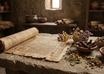 Um papiro histórico repleto de hieróglifos repousa sobre uma mesa de pedra, cercado por ervas e raízes medicinais em um ambiente de iluminação suave.