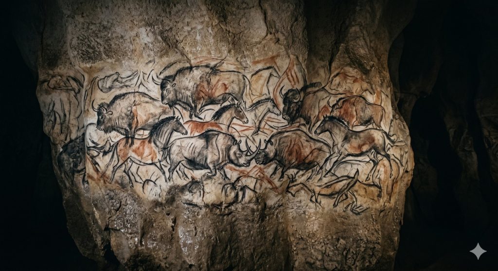 Sobreposição de traços em Chauvet sugere movimento e reforça a vitalidade das figuras.
