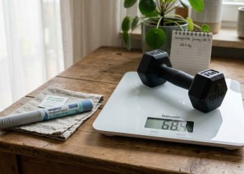 Prato rico em proteínas ao lado de pesos simboliza preservação muscular no tratamento