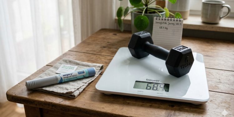 Prato rico em proteínas ao lado de pesos simboliza preservação muscular no tratamento