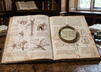 Caderno de Leonardo mostra escrita espelhada que se torna legível com ajuda de um espelho.