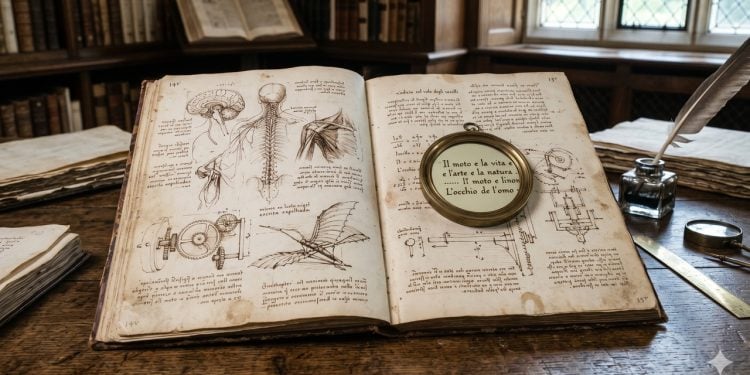 Caderno de Leonardo mostra escrita espelhada que se torna legível com ajuda de um espelho.