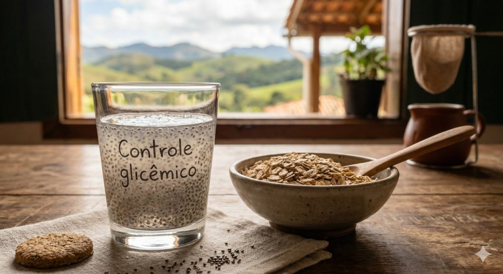 Um copo de chia hidratada e uma tigela de aveia ilustram estratégias nutricionais naturais para o controle glicêmico em um cenário matinal tranquilo.