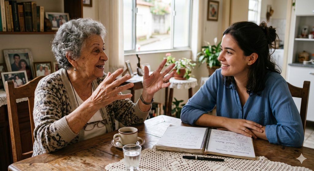 Pessoa idosa conta uma história enquanto uma jovem faz anotações.