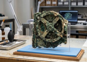O mecanismo de Anticítera aparece como um artefato antigo de bronze com engrenagens surpreendentemente complexas.