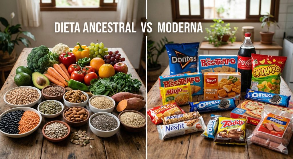 Uma comparação visual entre alimentos in natura e ultraprocessados destaca a transição nutricional e o contraste entre saúde e conveniência.