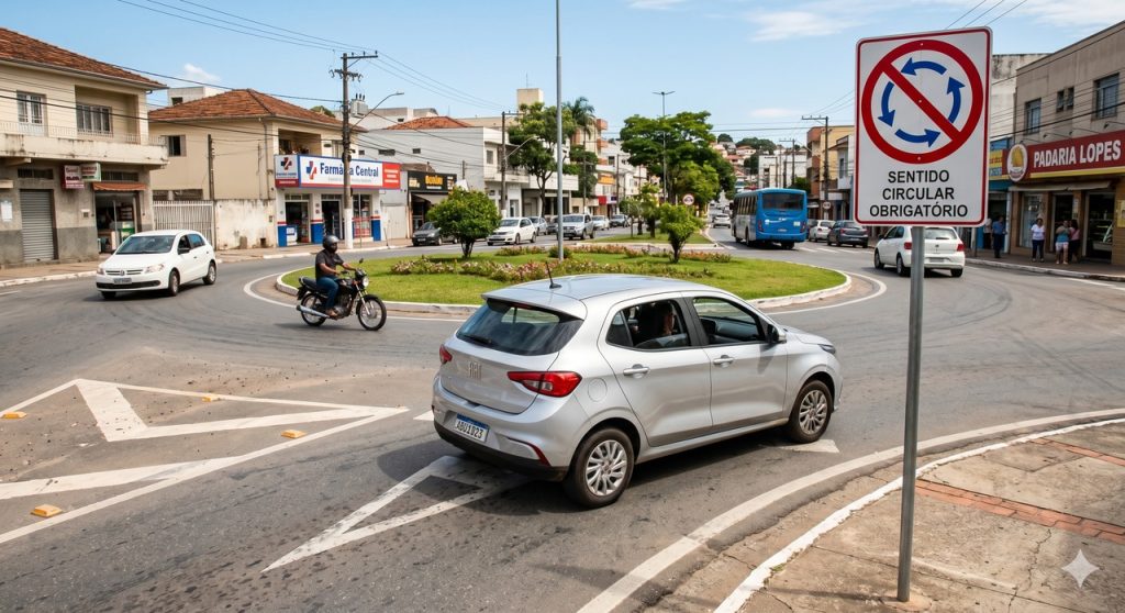 Placa de sentido circular obrigatório orienta a entrada correta na rotatória e preserva o fluxo da via.