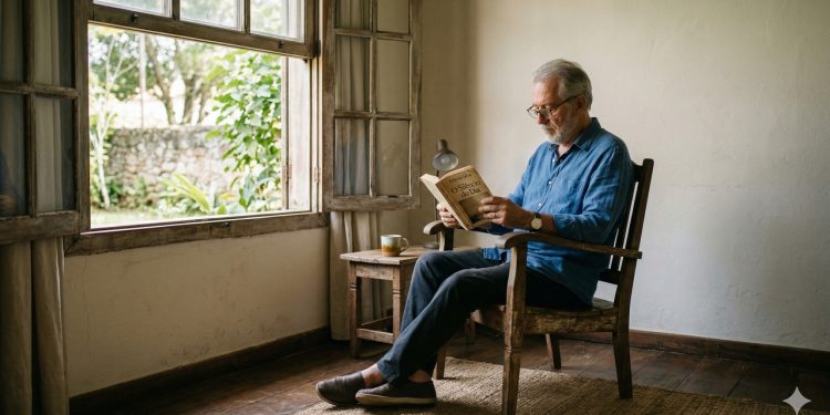 Cena tranquila de leitura solitária com luz natural