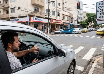 Motorista aguarda para converter à direita no vermelho em local com sinalização permitida.
