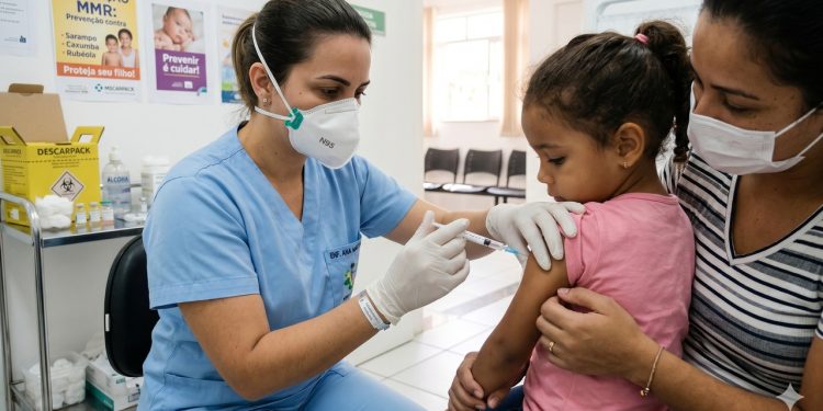 Aplicação da vacina MMR em clínica para reforçar a proteção contra o sarampo.