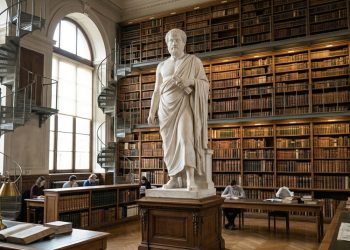 Escultura de estilo greco-romano em uma biblioteca repleta de estantes de livros e pessoas estudando.
