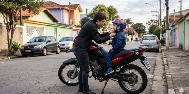 Adulto ajusta o capacete infantil antes de transportar a criança na garupa da moto.