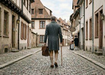 Um homem vestido em trajes clássicos caminha por uma rua de pedras cercada por arquitetura antiga europeia.