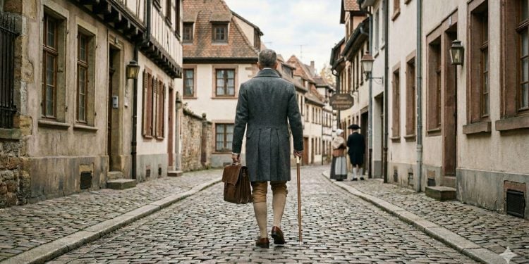 Um homem vestido em trajes clássicos caminha por uma rua de pedras cercada por arquitetura antiga europeia.