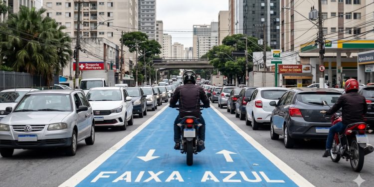 Motociclista segue pela Faixa Azul em corredor sinalizado entre carros na avenida.