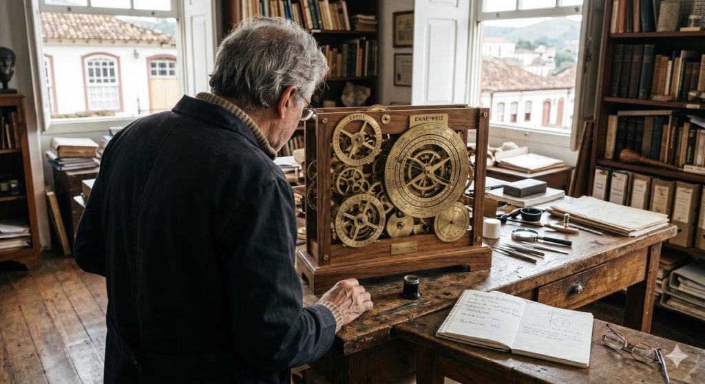 Pesquisador examina uma reconstrução do mecanismo de Anticítera para entender seus ciclos astronômicos.