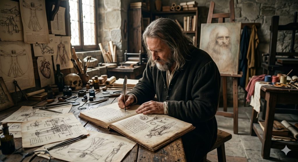 Leonardo da Vinci escreve em sentido invertido em seu caderno enquanto reúne arte, anatomia e mecânica no mesmo espaço de estudo.