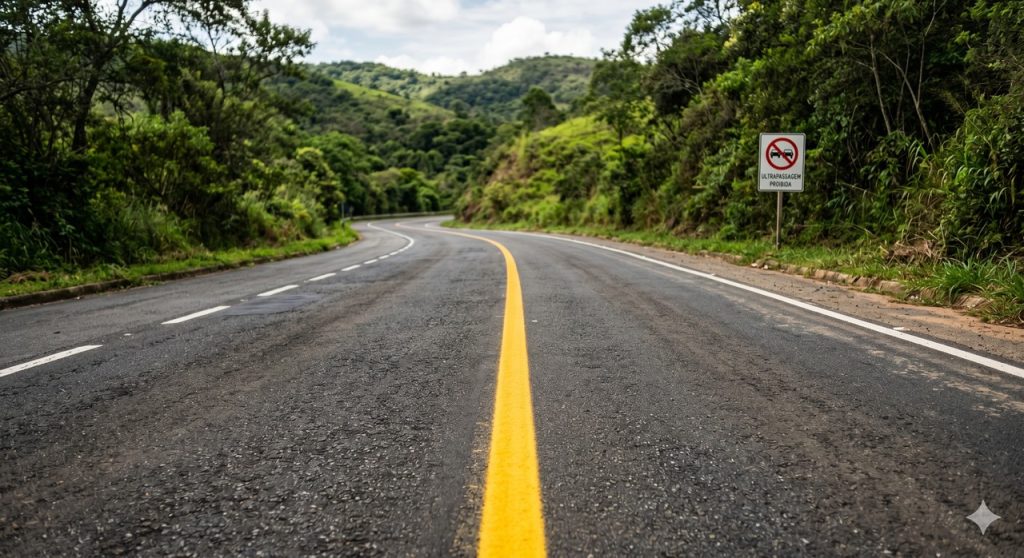Marcação contínua separa fluxos opostos e mostra onde ultrapassar vira infração grave.