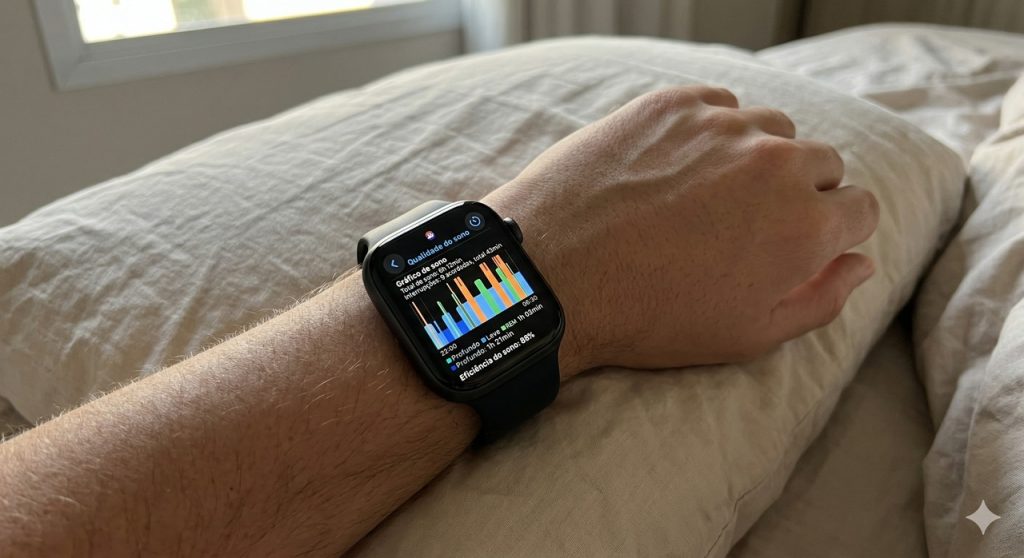 Um smartwatch exibe um gráfico de sono fragmentado e repleto de interrupções, evidenciando o impacto de uma noite de descanso irregular.