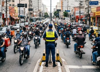 Agente de trânsito observa o fluxo intenso de motos em área urbana para fiscalização e controle.