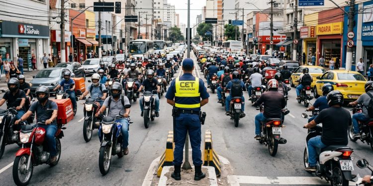 Agente de trânsito observa o fluxo intenso de motos em área urbana para fiscalização e controle.