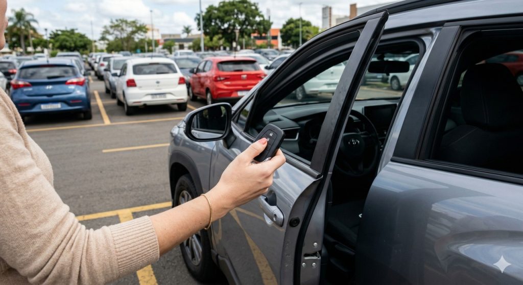 Um motorista aciona o comando remoto para gerenciar o acesso ao seu veículo em um estacionamento movimentado.