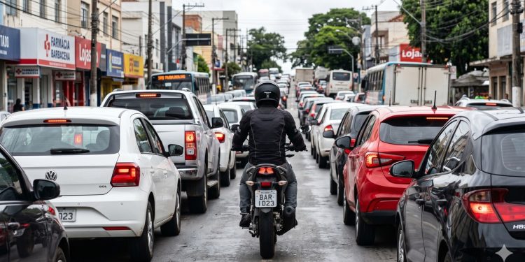 Motociclista passa no corredor com espaço lateral visível entre carros parados.