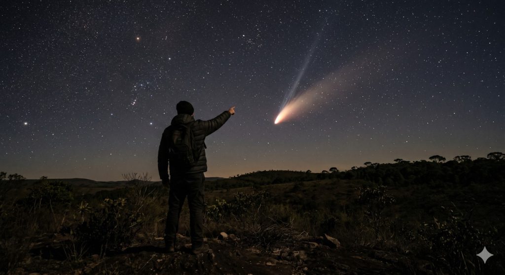 Observador acompanha o brilho do cometa 3I/ATLAS no céu após sua passagem pelo Sol.