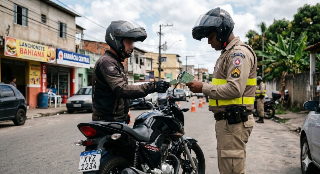 Fiscalização verifica documentação de motociclista em blitz urbana.