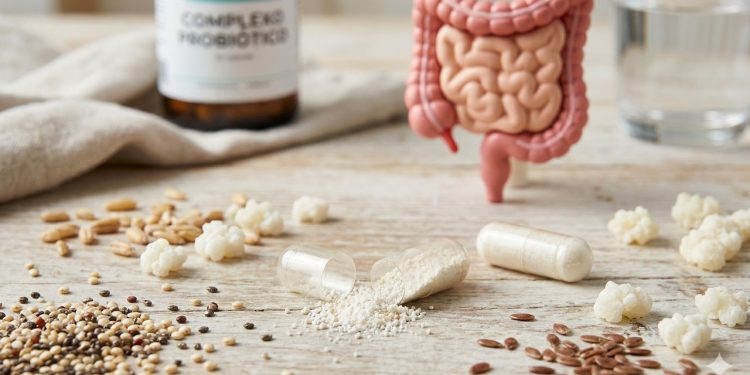 Iogurte e cápsulas probióticas representam o cuidado diário com o microbioma intestinal
